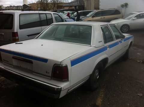 1991 Ford Crown Victoria LTD - Rear view of a white 1980s Ford sedan with a blue stripe, parked outdoors with other vehicles.