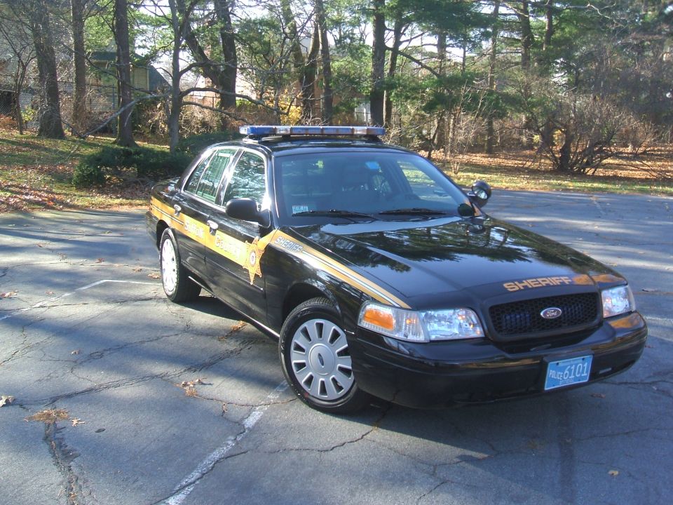 Black 2011 Ford Crown Victoria sheriff's car, 3q-front view