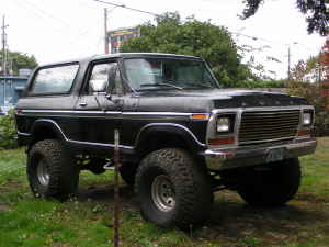 1979 Ford Bronco - This black Ford Bronco is parked on grassy terrain with trees and structures in the background.