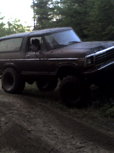 1979 Ford Bronco - This 1979 Ford Bronco is captured in a three-quarter front view, navigating a dirt path surrounded by trees.