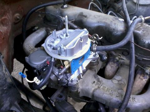 1981 Ford Bronco - Carburetor and Edelbrock intake manifold detail shot.