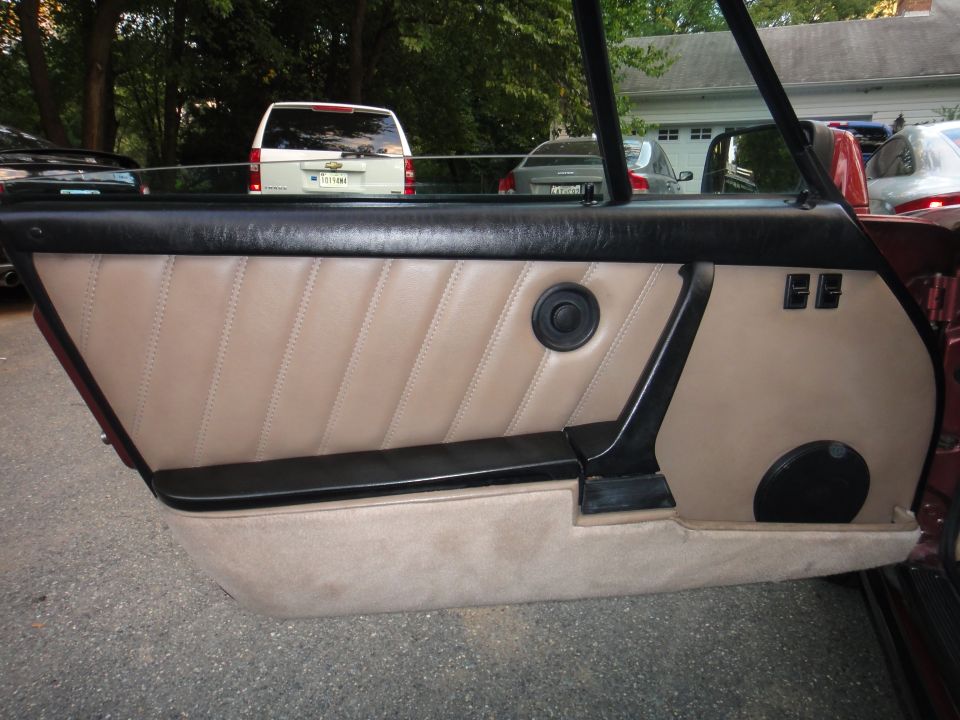Car door panel: black leather upper, tan pleated-leather center, speaker, window down in a driveway