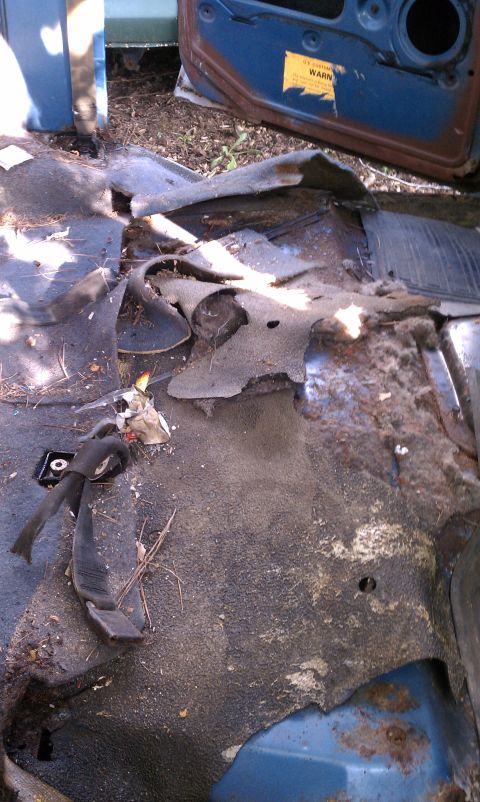 1979 Ford Bronco - The interior floor of a vehicle shows significant rust and damage to the carpet.
