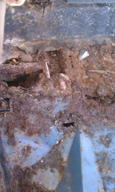 1979 Ford Bronco - Interior floor pan shows extensive rust damage and corrosion.