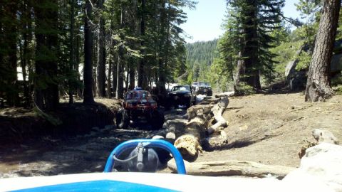 1971 Ford Bronco - Multiple off-road vehicles navigate a challenging trail surrounded by dense forest and natural obstacles.