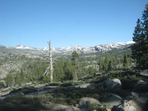 1971 Ford Bronco - A wide view of a mountainous region under a clear blue sky, with dense forests and rocky terrain.