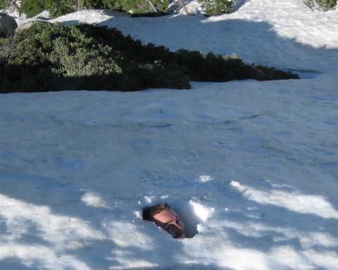 1971 Ford Bronco - person submerged in deep snow on a mountain snowfield with only their head poking out of a hole near low green brush.