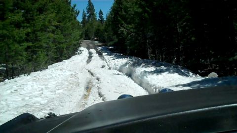1971 Ford Bronco - A vehicle navigates a snow-covered road with tall trees lining the path.