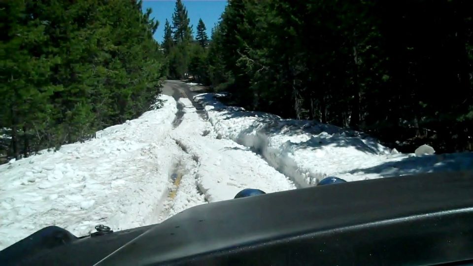 Dark vehicle hood with blue lights, driving on a snow-covered road through a forest