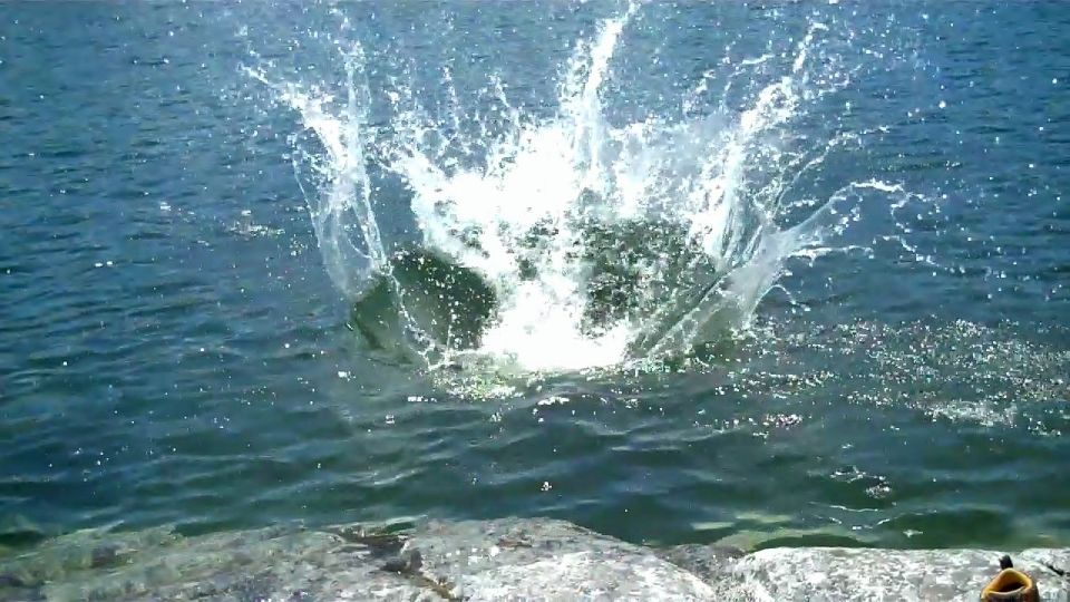 big splash in water, rocks in foreground, website logo at bottom right