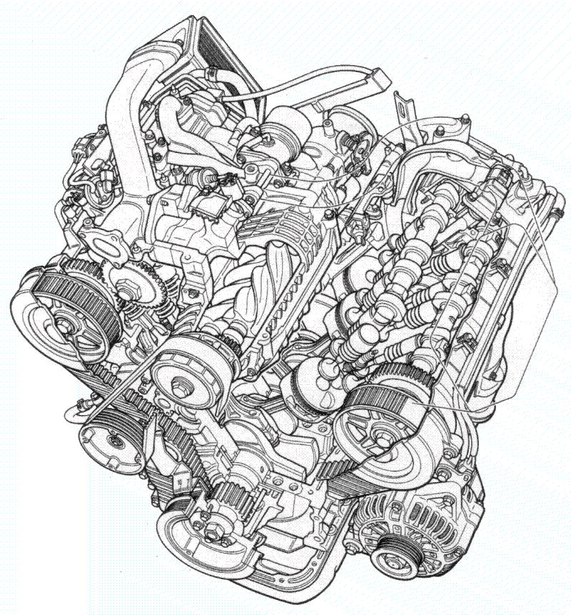 Cutaway line drawing of a V-engine showing camshafts, timing gears and accessories