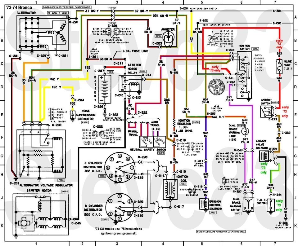 1973-74 Ford Bronco engine and charging system wiring diagram