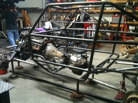 1966 Ford Bronco - Custom tube chassis build in progress, showing engine and transmission assembly.