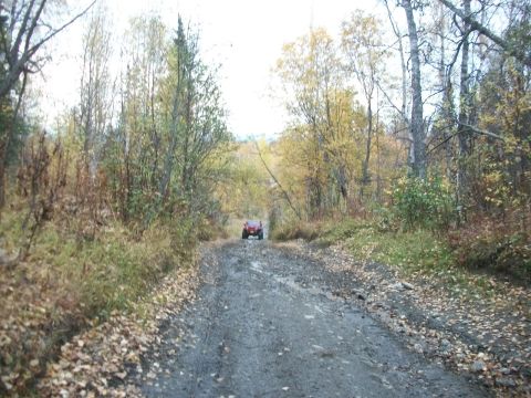 1979 Ford Bronco - A red ATV drives down a muddy road surrounded by trees in fall foliage.