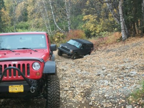 1979 Ford Bronco - Two Jeeps navigate a challenging, leaf-strewn off-road trail during autumn.