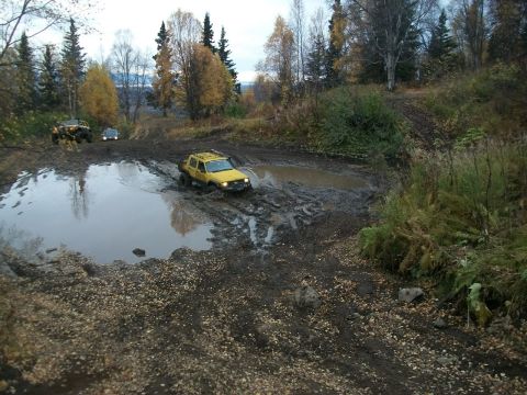 1979 Ford Bronco - Multiple off-road vehicles traverse a challenging muddy terrain with trees and foliage surrounding the path.