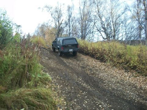 1979 Ford Bronco - A dark SUV navigates a challenging dirt road during autumn, surrounded by trees and foliage.