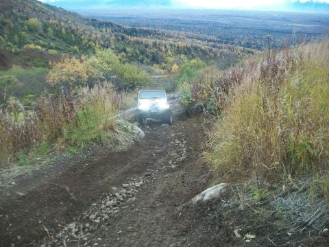 1979 Ford Bronco - A white SUV navigates a challenging dirt path on a mountainside, surrounded by autumn vegetation.