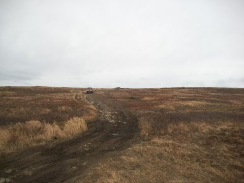 1979 Ford Bronco - Vehicles traverse a desolate, open terrain on a cloudy day.