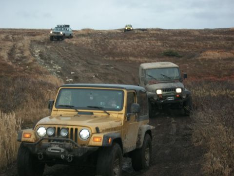 1979 Ford Bronco - Multiple Jeeps navigate a challenging off-road trail under an overcast sky.