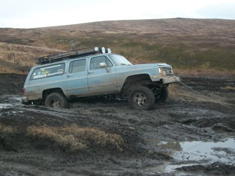 1979 Ford Bronco - This SUV is stuck in a muddy terrain, with a tow rope attached to its front bumper.