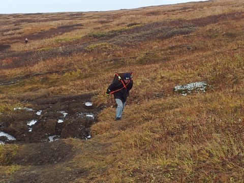 1990 Chevrolet Suburban - A person walks across a barren, grassy landscape carrying a large backpack.