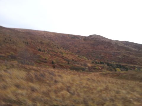 1990 Chevrolet Suburban - A blurry scene of a mountain landscape with dry grass and vegetation under an overcast sky.