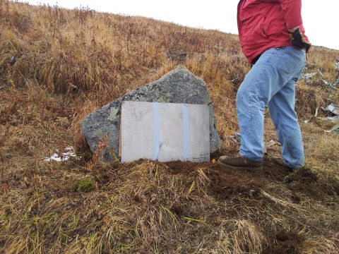1990 Chevrolet Suburban - A person stands in a grassy, outdoor area next to a large rock with a board attached.