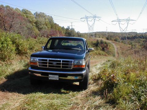 1995 Ford Bronco - A Ford F-150 sits on a grassy, unpaved road with power line towers in the background.