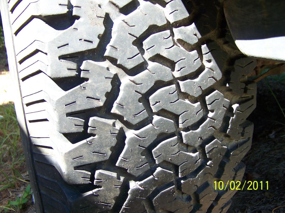 35x12.50x15 BFG All Terrains 40-50% tread.  2 showing alingment wear.  On aluminum bullet holes, 5 on 5.5.