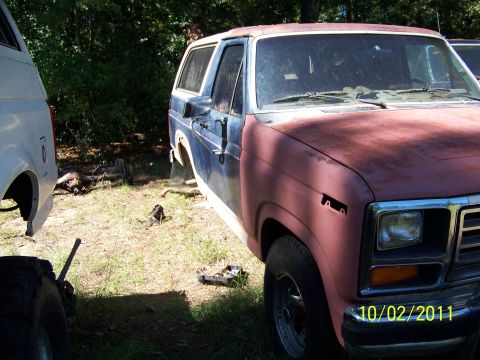 1986 Ford Bronco - This 1986 Ford Bronco is seen in a yard with another vehicle, showing its blue and red exterior.