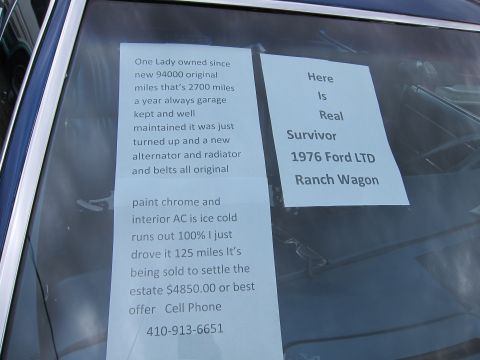 1991 Ford LTD Crown Victoria - For sale sign indicates this is a 1976 Ford LTD Ranch Wagon, described as a survivor with original miles.