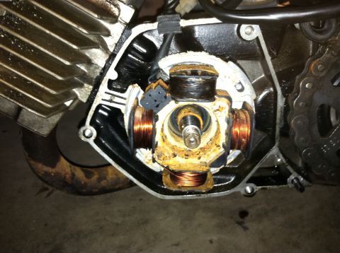 1999 Tomos Targa - The internal components of a motorcycle engine, specifically the stator, are shown in this close-up view.