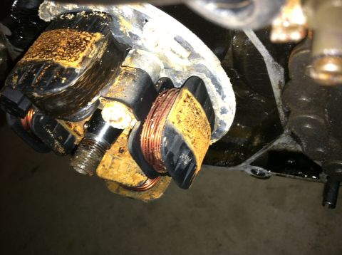 1999 Tomos Targa - Close-up view of a stator coil, showing copper windings and aged, discolored insulation.