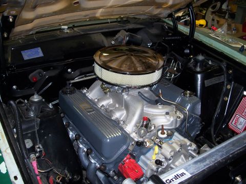 1971 Ford Ranchero - Engine bay detail with aftermarket performance parts installed.
