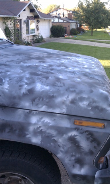 1978 Ford Bronco - A vehicle's hood and fender display a unique camouflage paint pattern, with a tire and turn signal visible.