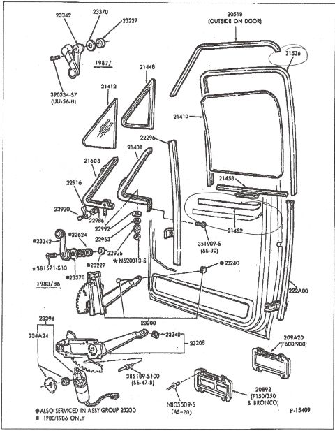 1990 Ford Bronco - Exploded parts breakdown of a door assembly showing glass, regulator, vent window, weatherstripping, and handles with Ford part numbers (P-…