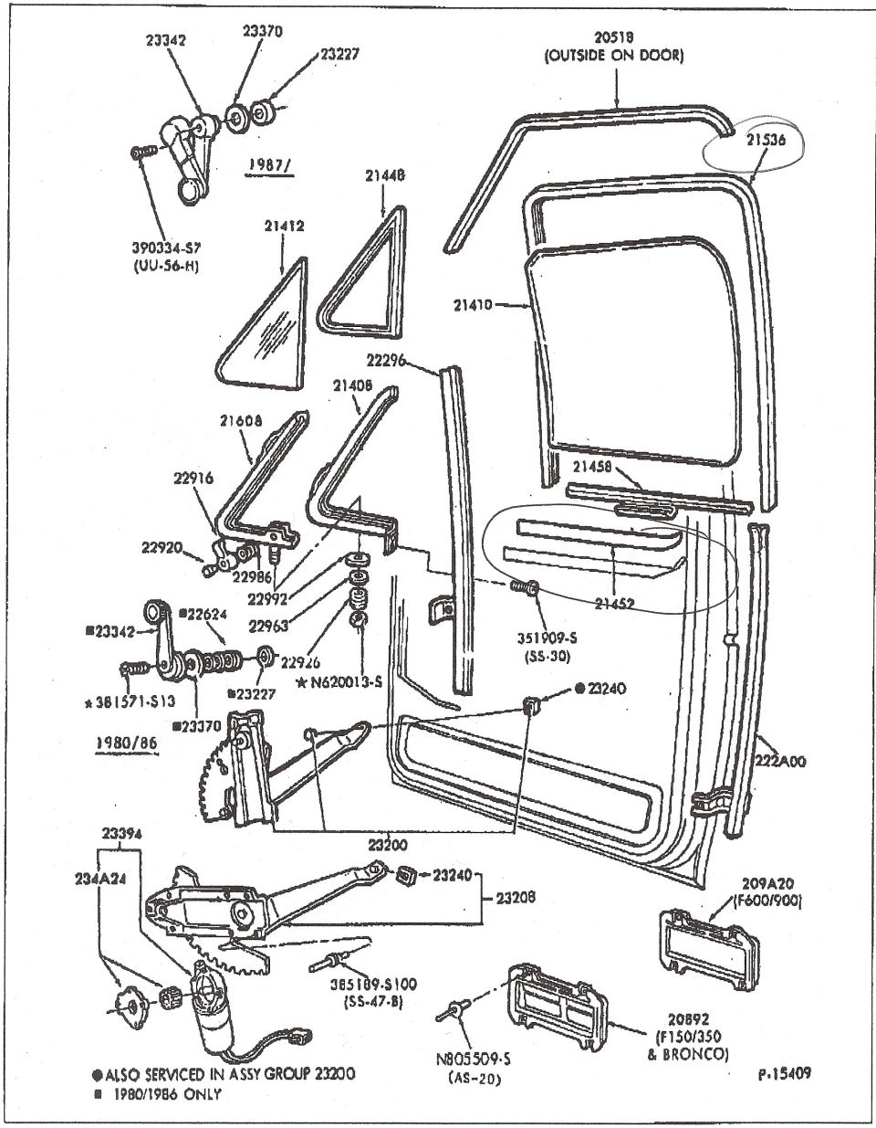 Exploded parts diagram of door glass, regulator, vent window, weatherstrip, and handles with part numbers