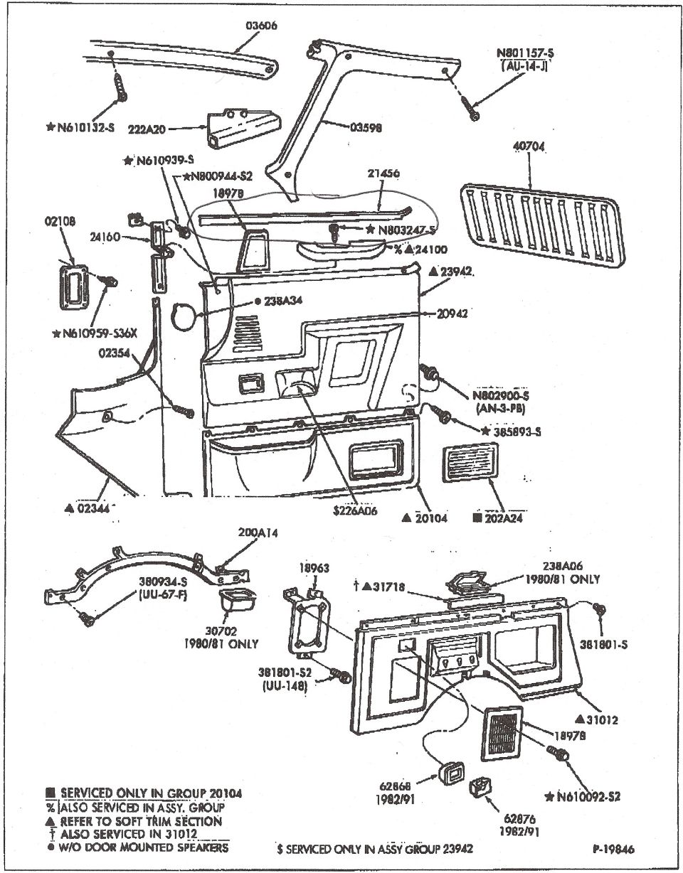 Exploded parts diagram of interior trim panels, vents, speaker grilles, and hardware with part numbers