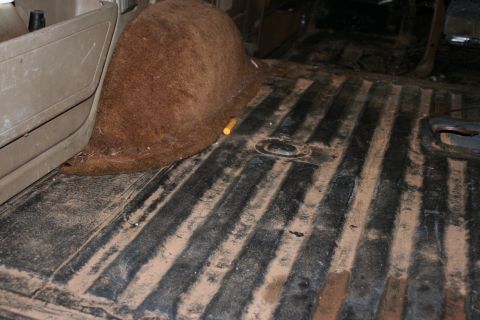 1989 Ford Bronco - The interior cargo area of a vehicle shows a ribbed floor and a brown carpeted wheel well, with some dirt and debris present.