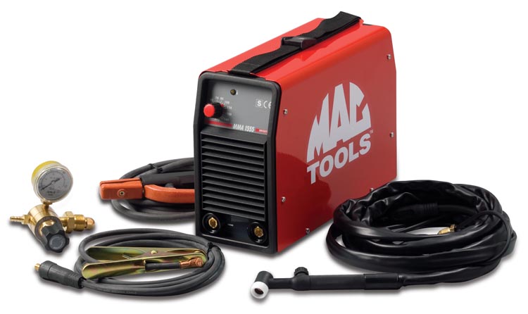 Red MAC Tools welding machine with cables, regulator, and torch