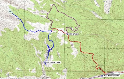 1996 Ford Bronco - This topographic map displays hiking routes and geographical features, including lakes and creeks.