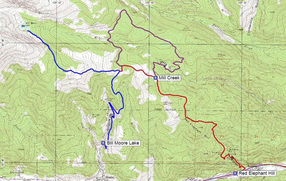 Topographic map showing trails near Mill Creek and Bill Moore Lake with a Supermotors.net watermark