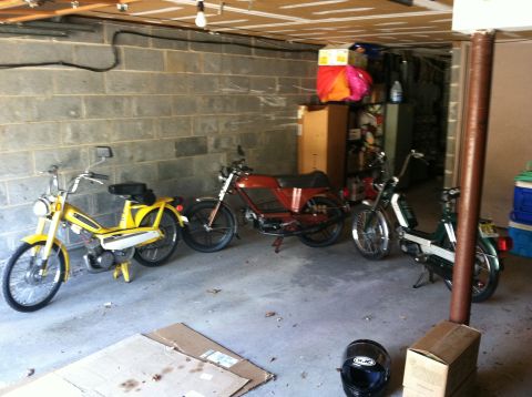 1981 Garelli Rally Sport - A collection of three mopeds, one yellow, one red, and one green, are parked inside a garage.