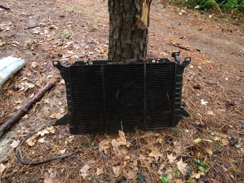 1985 Ford Bronco - A vehicle radiator rests on the forest floor, surrounded by pine needles and fallen leaves.