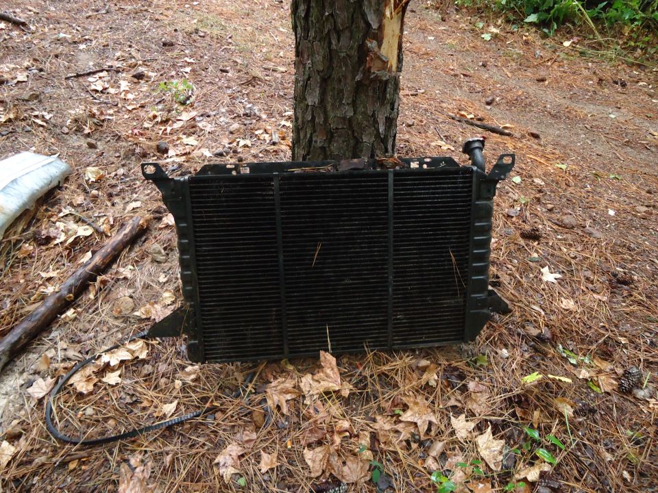 Radiator sitting on the ground next to a tree. It has a black grille and some hoses attached