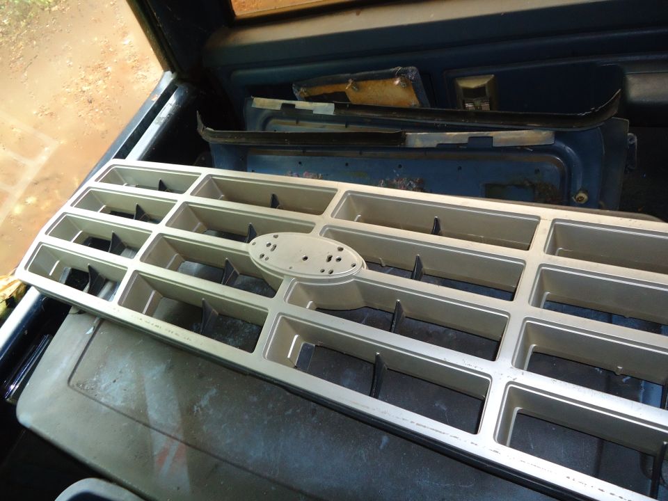 Silver grille with oval Ford emblem, showing rectangular openings and vertical supports