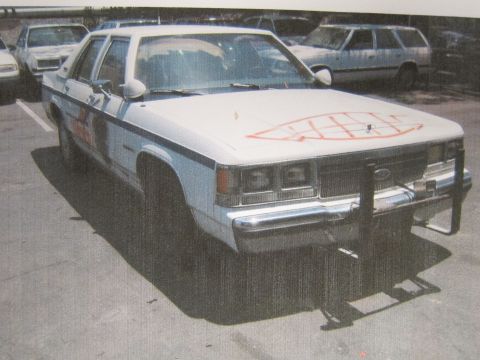 1991 Ford LTD Crown Victoria - printed photo shows a white blue-striped sedan with a push bar and orange spray-paint on the hood at an angle in a lot.