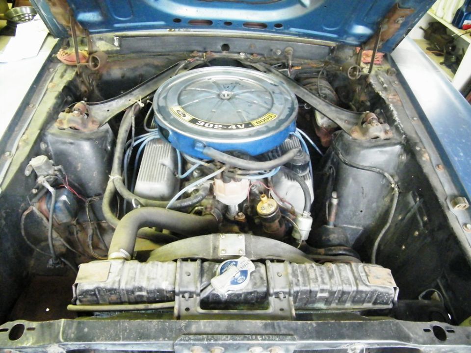 Blue Ford Mustang engine bay with a 302-4V air cleaner and radiator