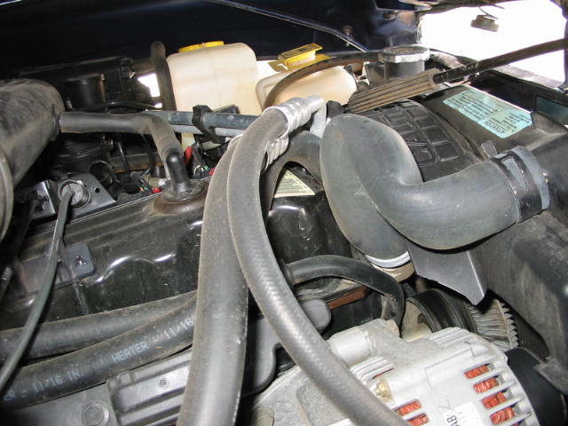 Engine bay view with black hoses, fluid reservoir with yellow cap, and alternator.